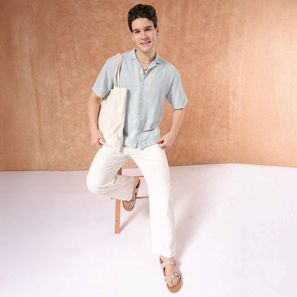 The Indian Garage Co Men's Relaxed Fit Striped Resort Half Sleeve Shirt | Blue - S