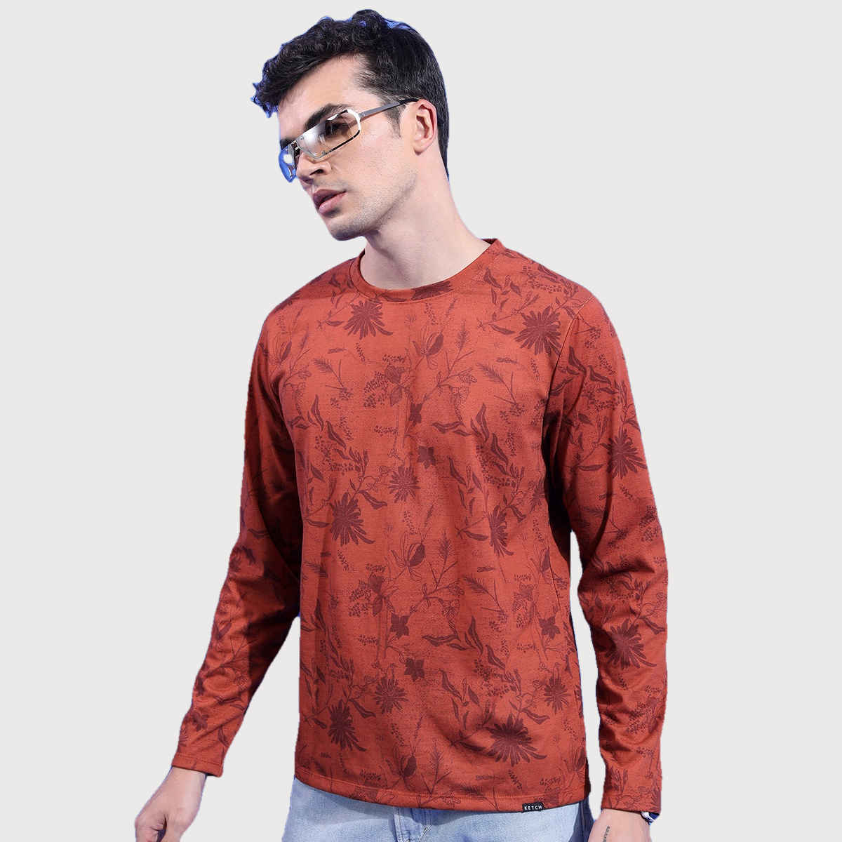 Ketch Men Relaxed Fit Floral Printed Long Sleeves T-Shirt | Brown | XL
