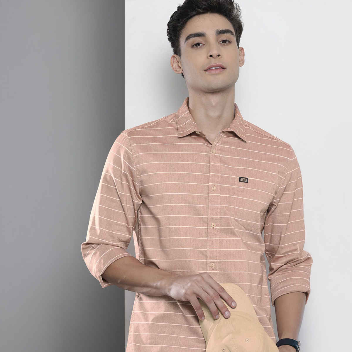 The Indian Garage Co Men's Slim Fit Striped Casual Shirt | Rust - S