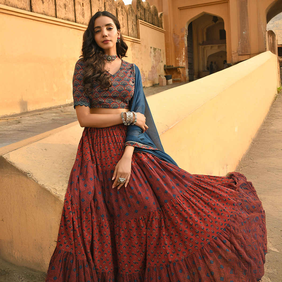 Janasya Women's Cotton Block Print Lehenga Choli with Dupatta | J0484 | Maroon - S