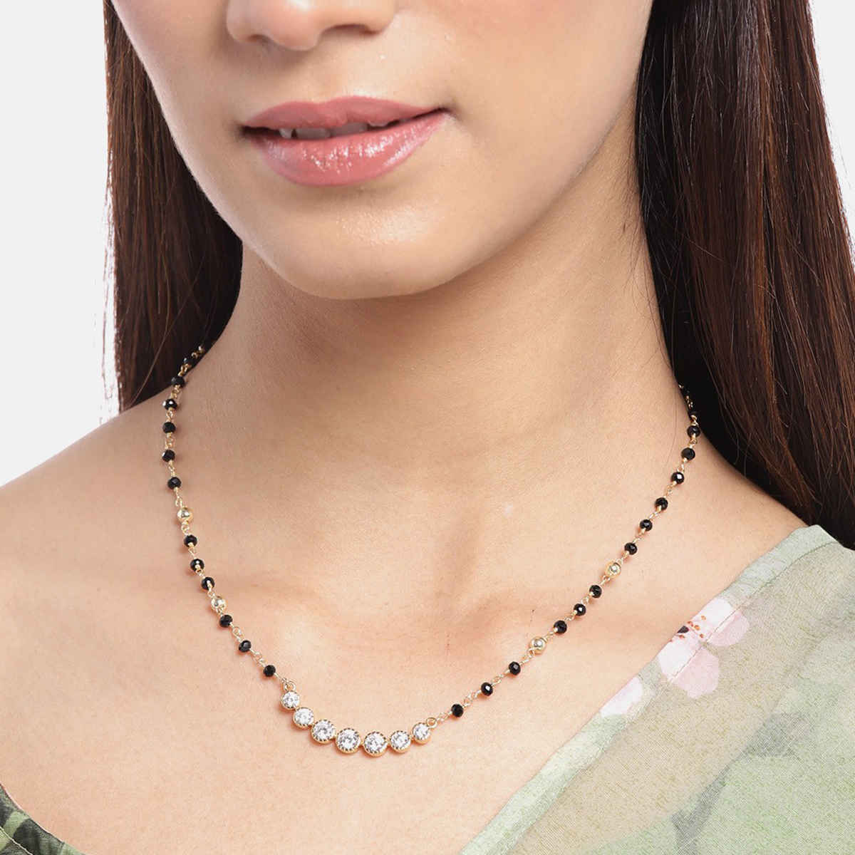 Carlton London 18Kt Gold-Plated CZ-Studded & Artificial Beaded Mangalsutra-B849903N/1