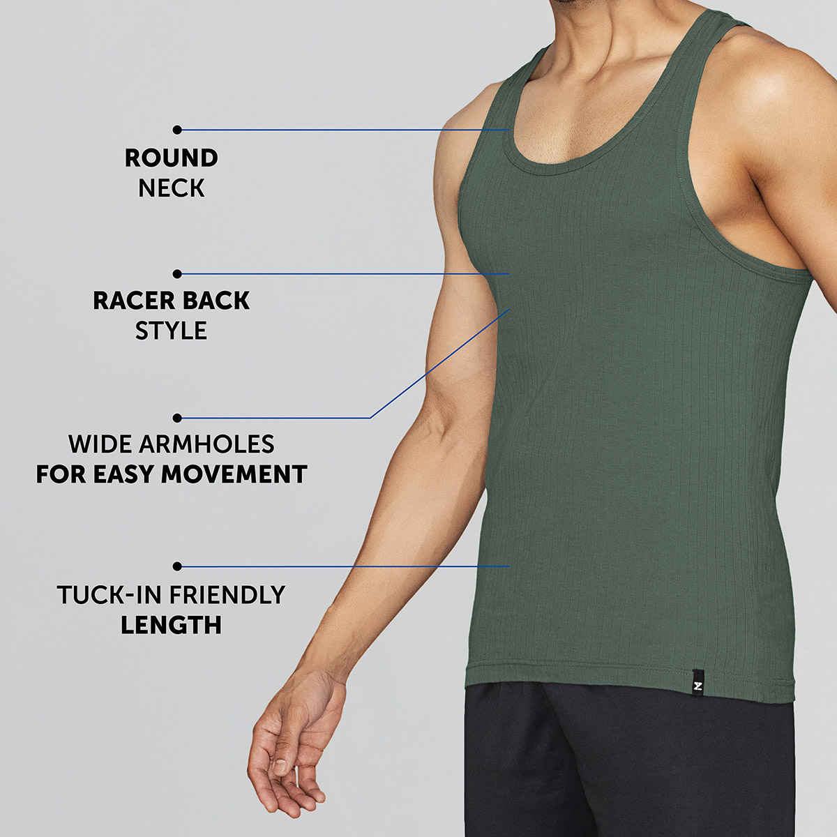 XYXX Men's Cotton Solid Ribbed Round Neck Vest, Pack of 2 , Black Iris & Olive| L