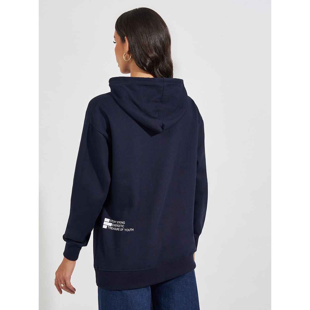Styli Women Regular Fit Longline Slogan Print Hoodie Navy Blue | S
