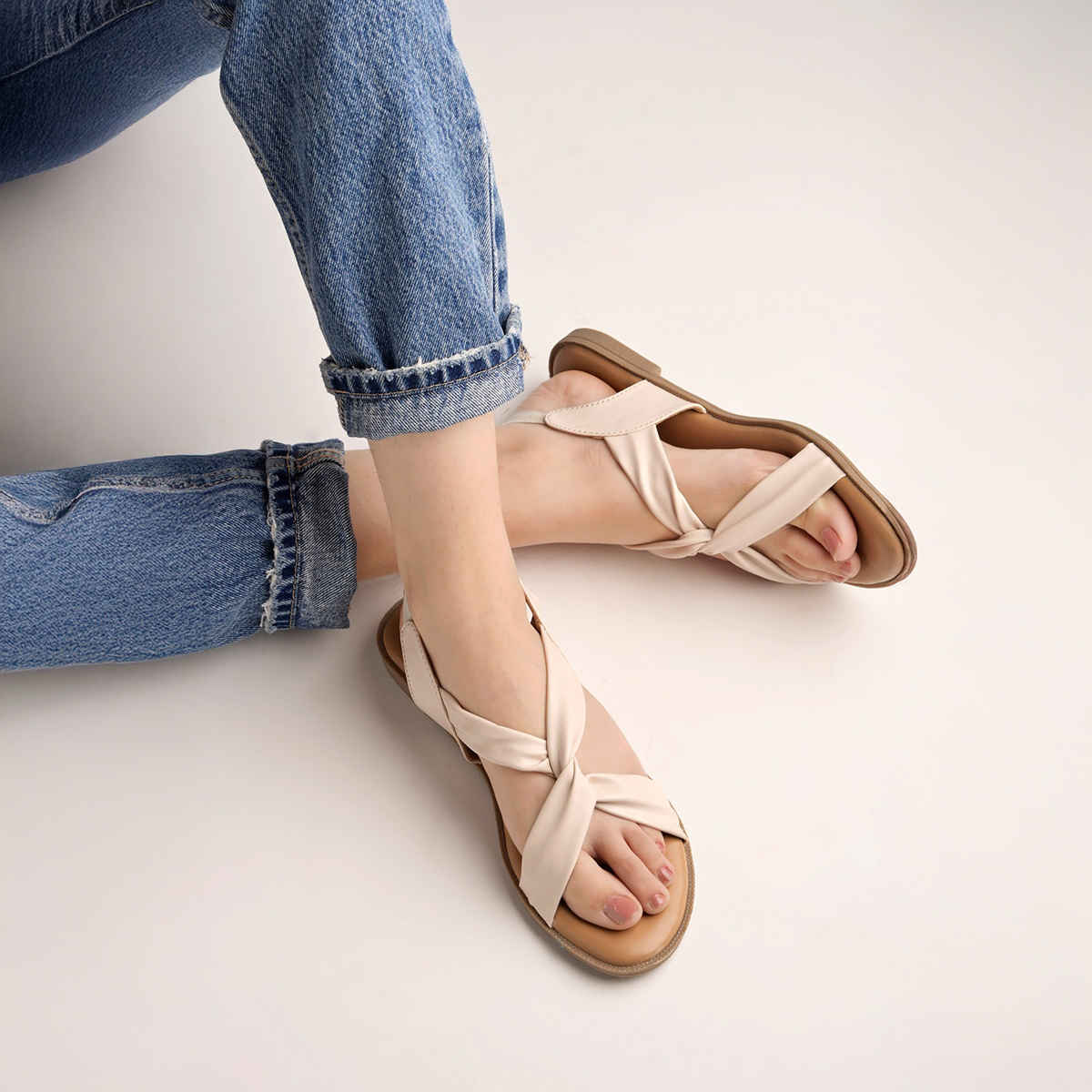Shoetopia Cross Strap Cream Flat Sandals For Women | UK 9
