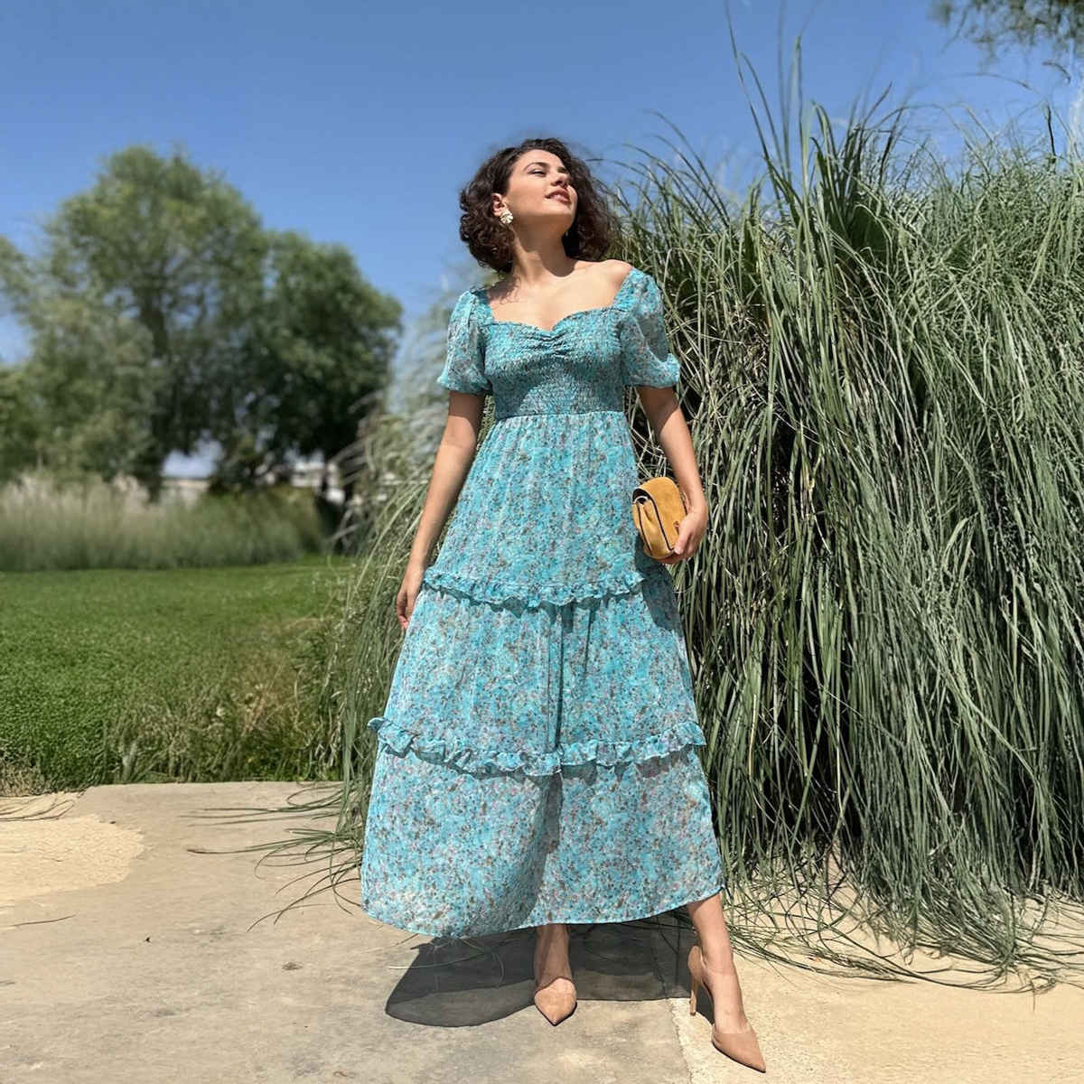 Sheetal Women's Floral Print Georgette Tiered Maxi Dress | DR11262 | Turquoise - XL