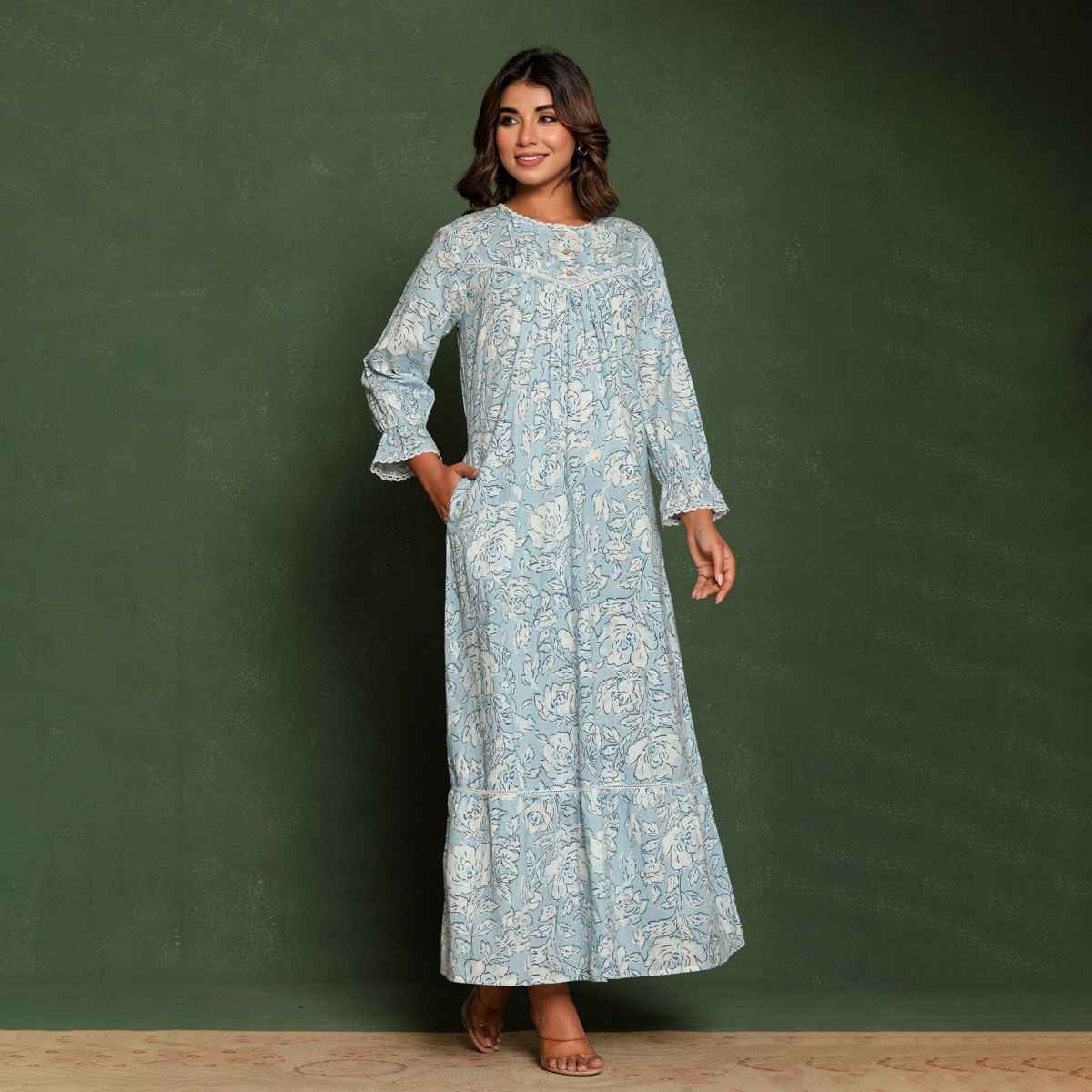 Nihsamah Women's Cotton Premium Printed Frock Nighty | Full Length | Sky Blue - M