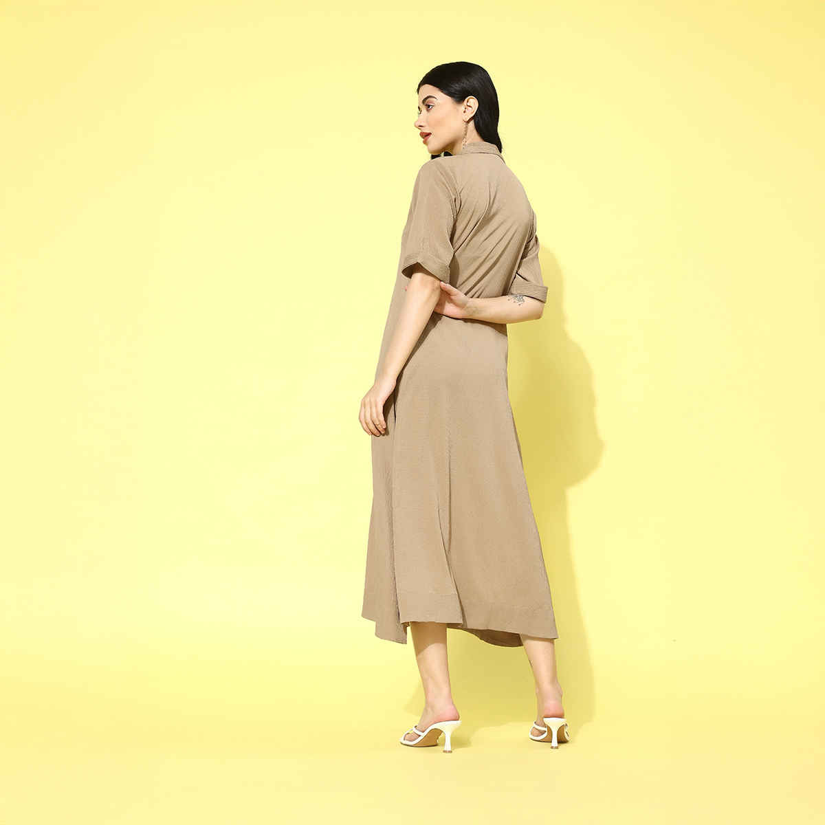 Varanga WoMen's Shirt Collar A-Line Dress | Beige - L