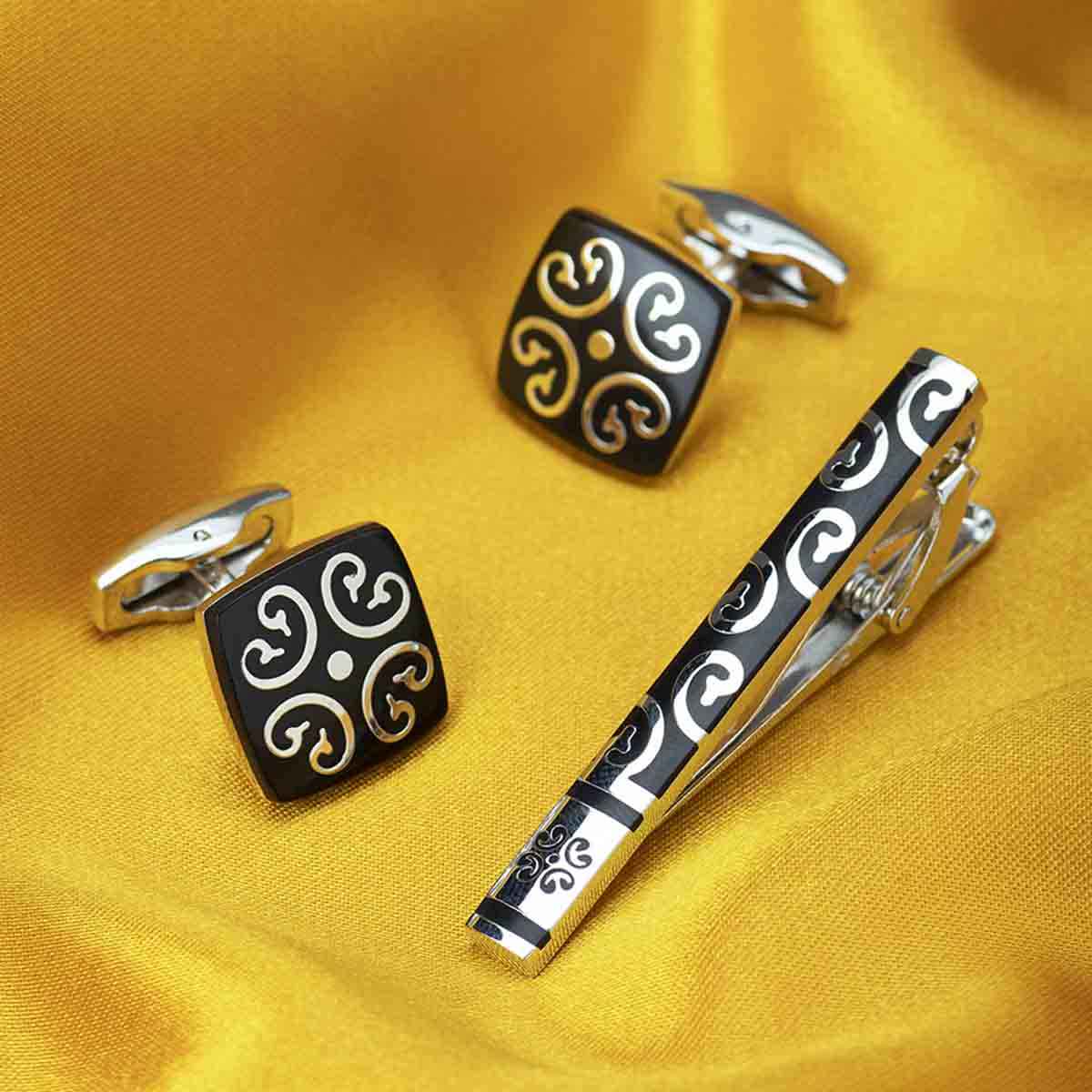 Peora Black Silver Decorative Combo Tie Pin and Cufflinks Set for Men Boys Wedding Business Gift