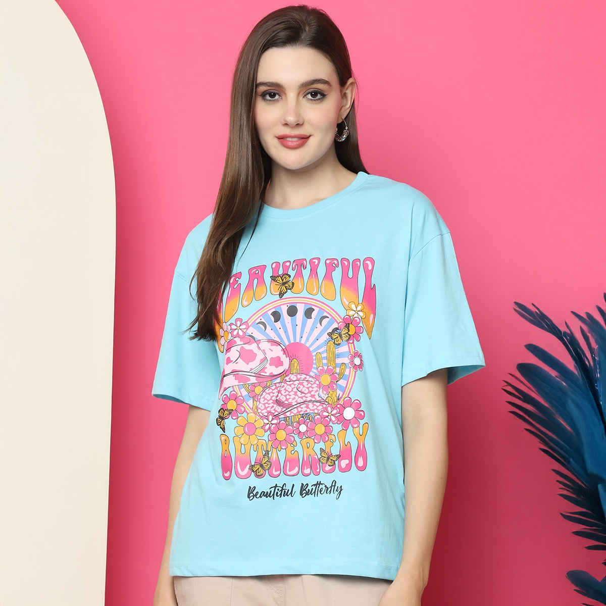 Fabflee Women Oversize Cotton Printed Round Neck Tshirt | Light Blue | FAB-OS-516 | M