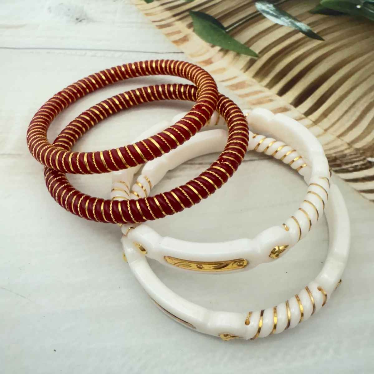 The Opal Factory | Sakha Pola | Gold Line Plastic Bangle | White and Red - 2.4