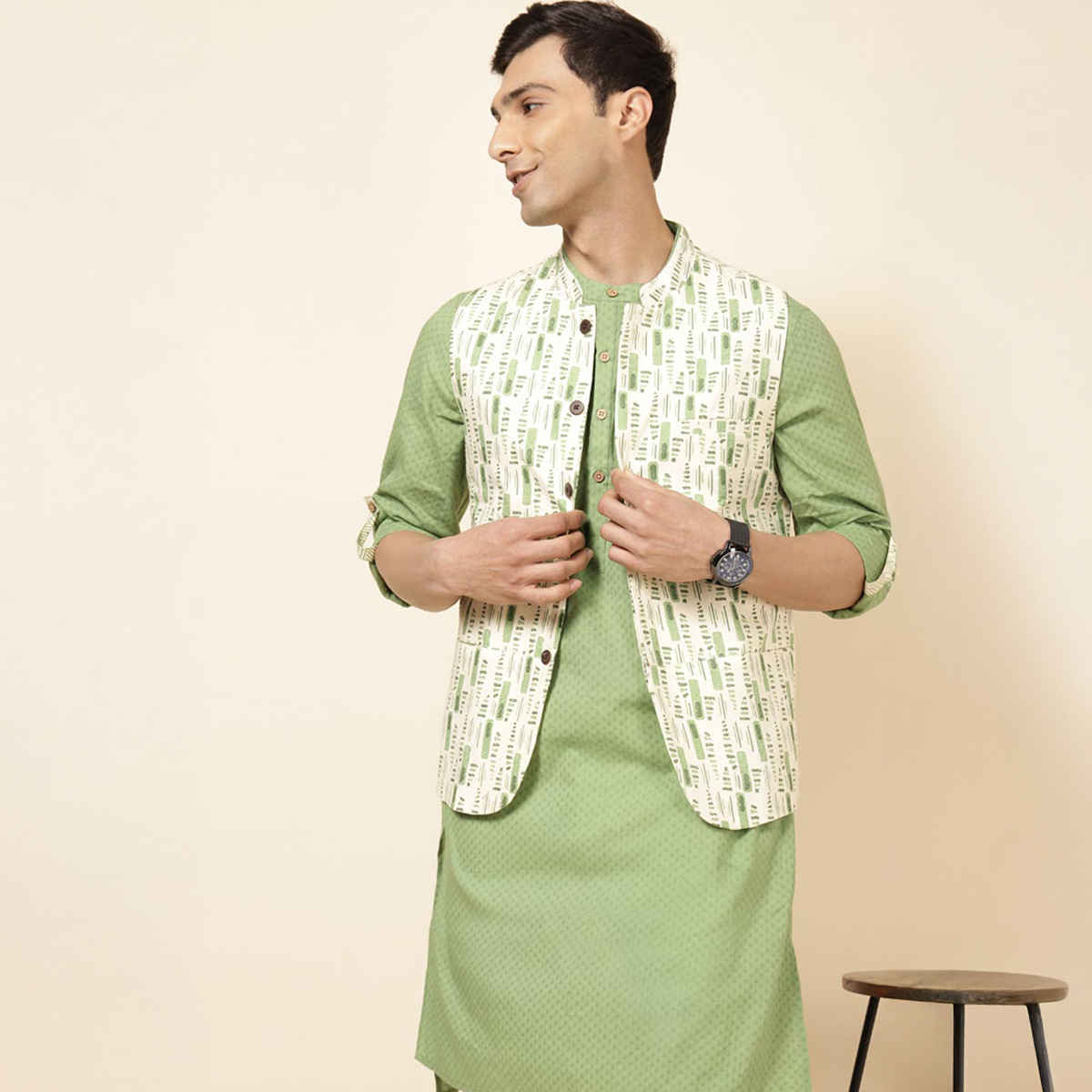 Fabindia Men's Nehru Jacket Tribal Printed Slim Fit | Green - M