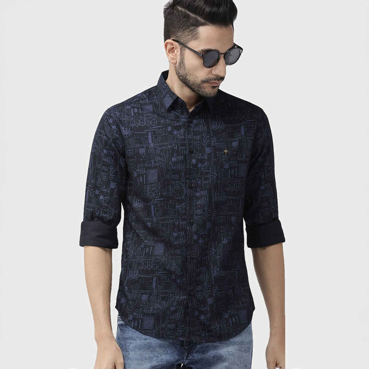 The Indian Garage Co Men's Slim Fit Abstract Print Casual Shirt | Black - L