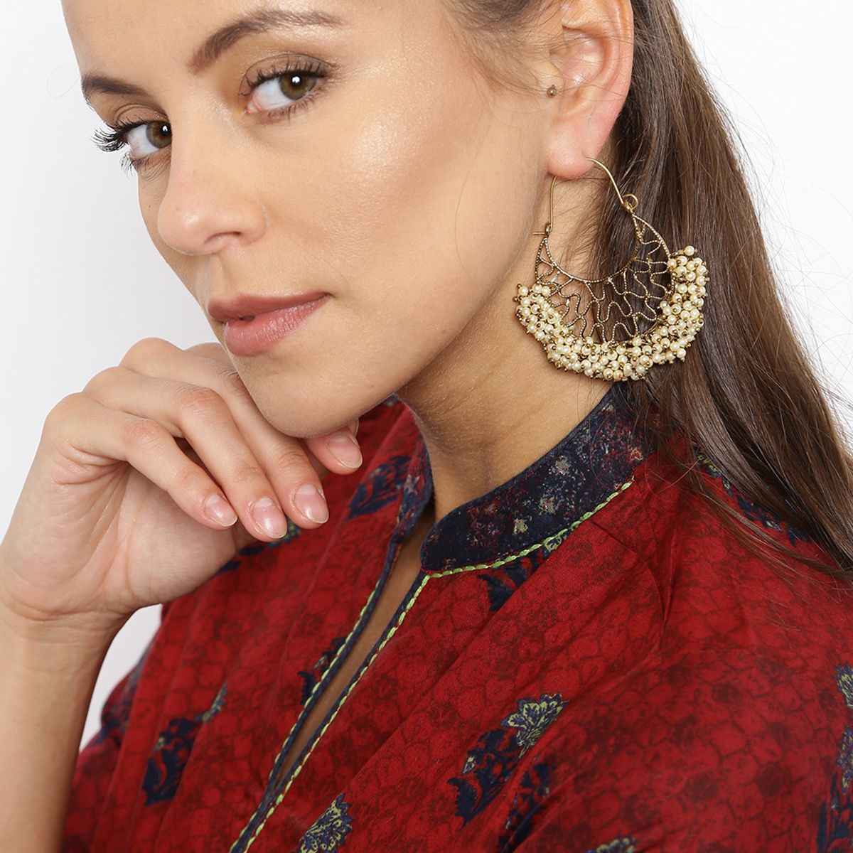 Fida White Beaded Golden Chandbali Earring