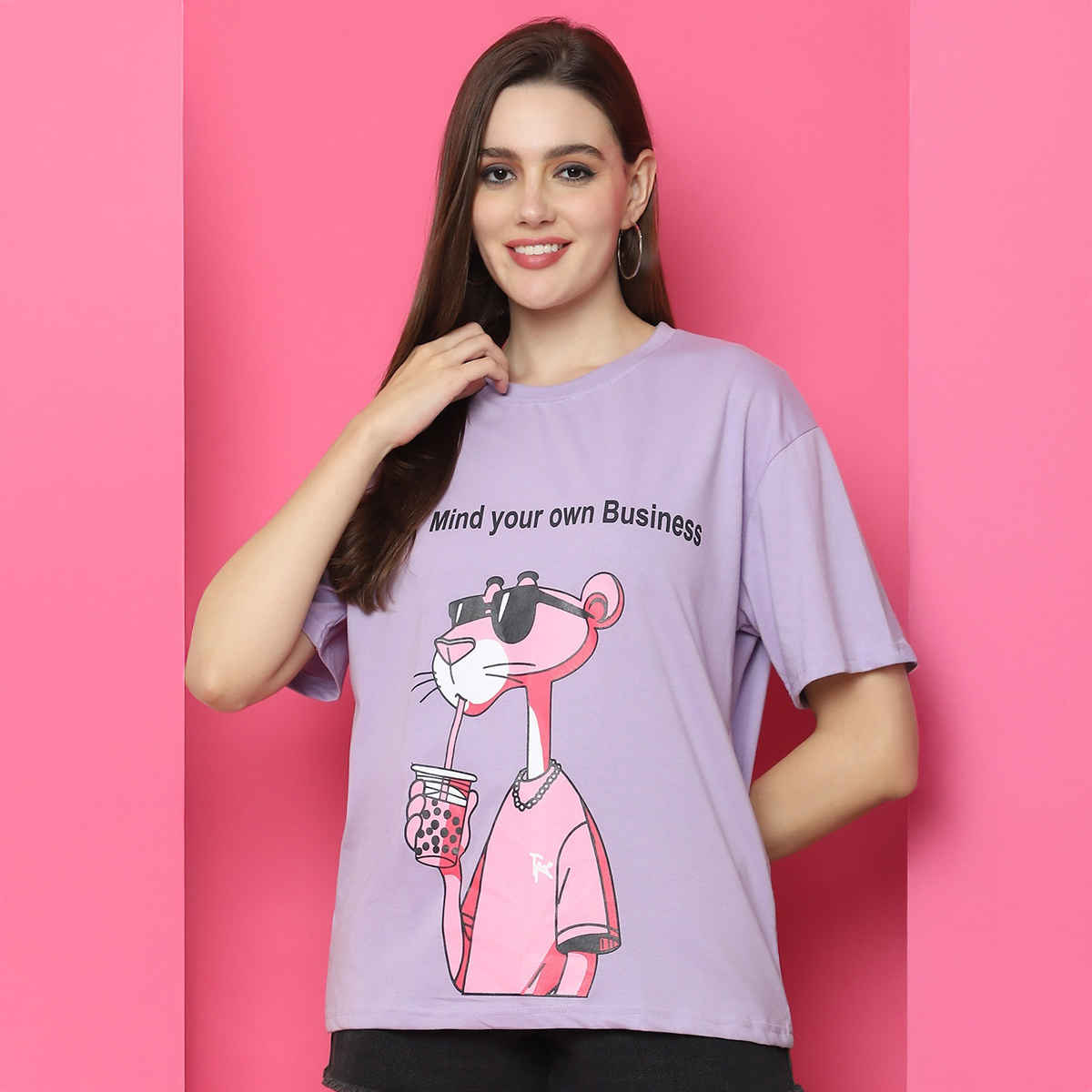 Fabflee Women Oversize Cotton Printed Round Neck Tshirt | Purple | FAB-OS-517 | S