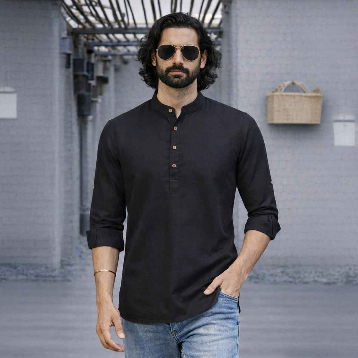 Vastramay Men's Cotton Blend Short Kurta for Eid | Black - M