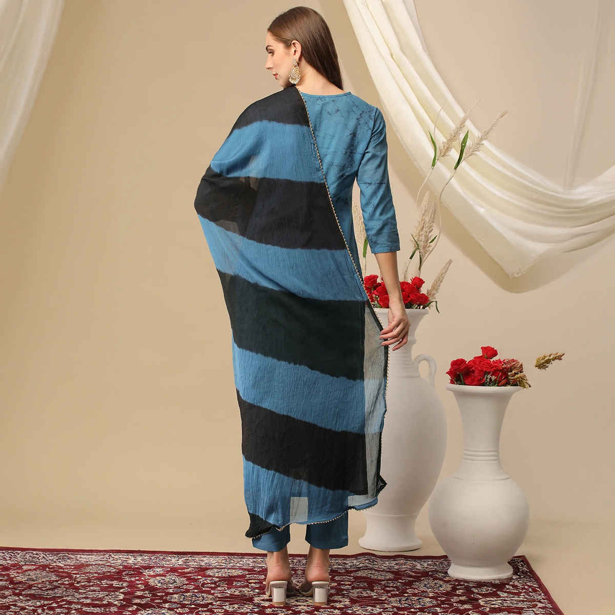 GoSriKi Women's Viscose Rayon Straight Printed Kurta with Pant & Dupatta | Blue - XL