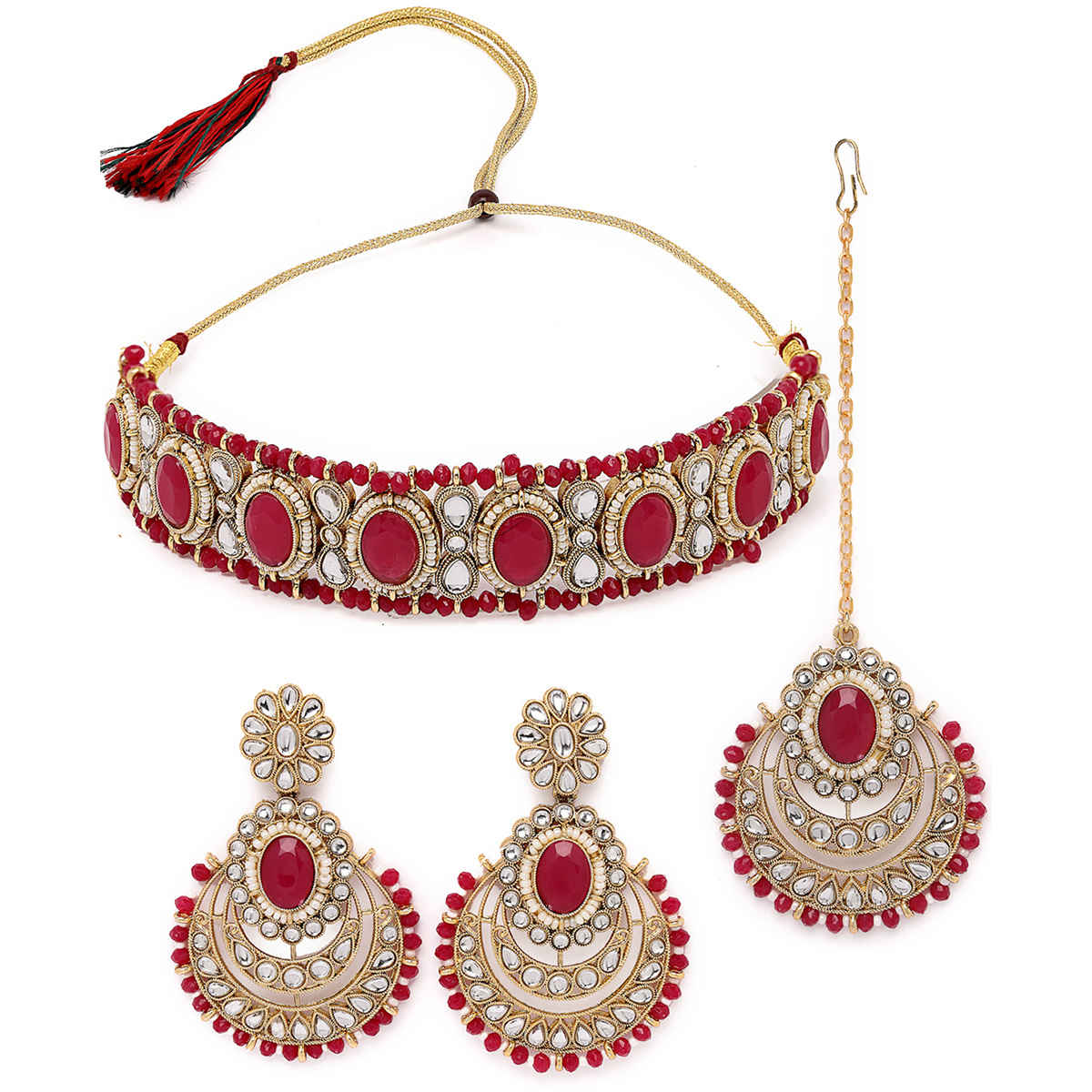 Sukkhi Affordable Gold Plated Rani Pink Stone & Beads Studded Choker Necklace Set