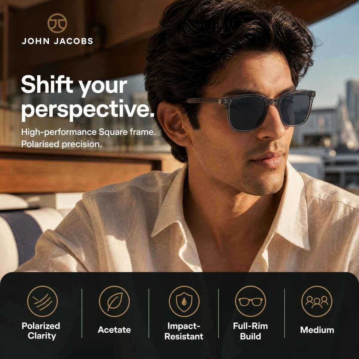 John Jacobs By Lenskart | Premium Polarized Sunglasses | Unisex | Square | Medium-139mm | Grey-Blue