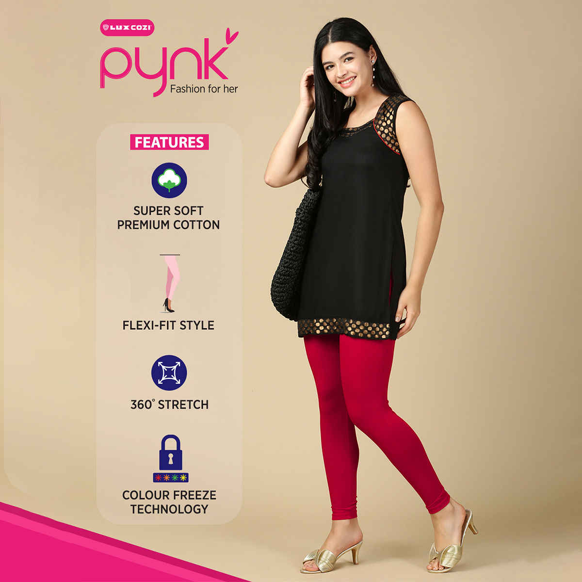 PYNK By Lux Cozi Women Flexi-fit 360 Stretch Ankle Length Premium Cotton Leggings| Pink | Free Size