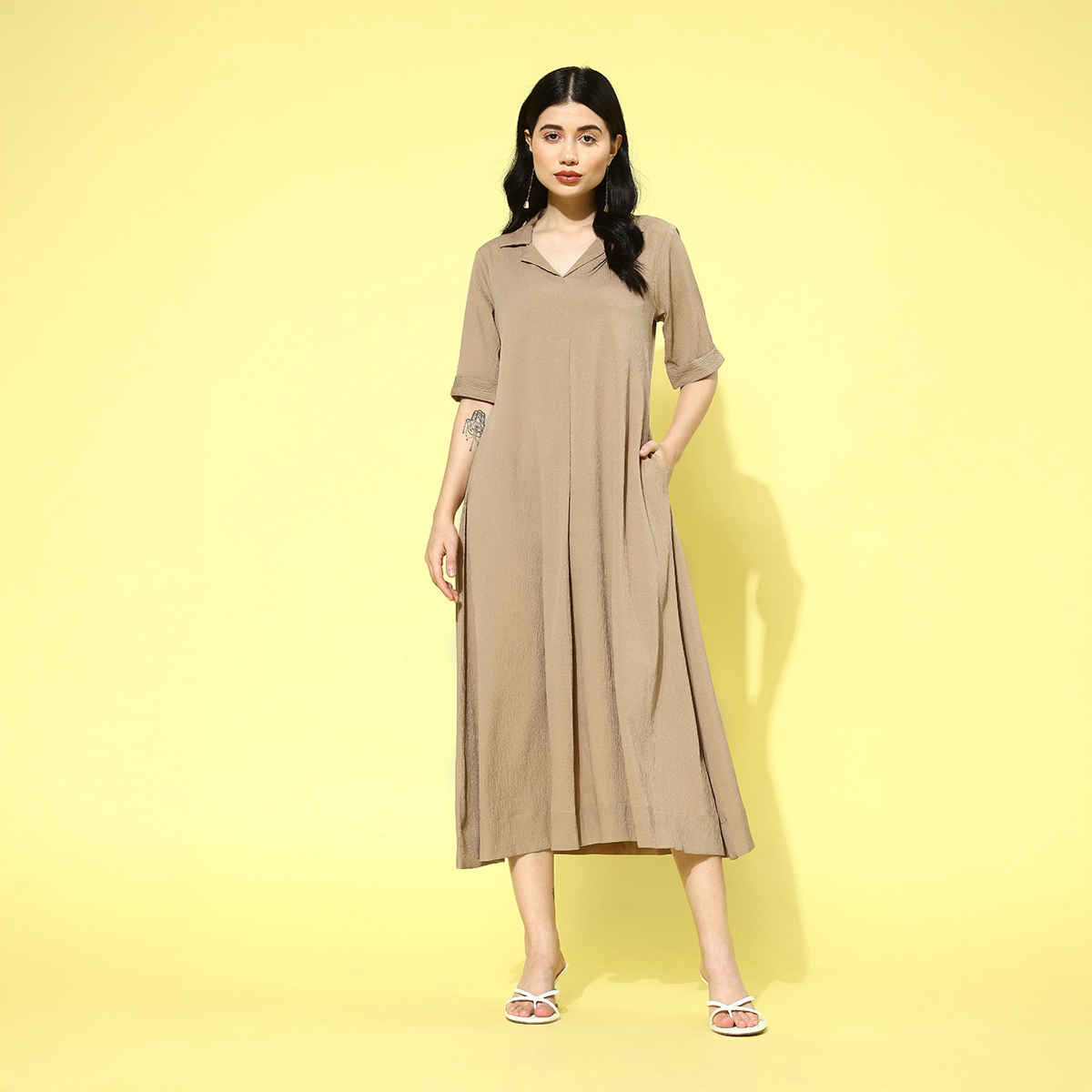 Varanga WoMen's Shirt Collar A-Line Dress | Beige - L