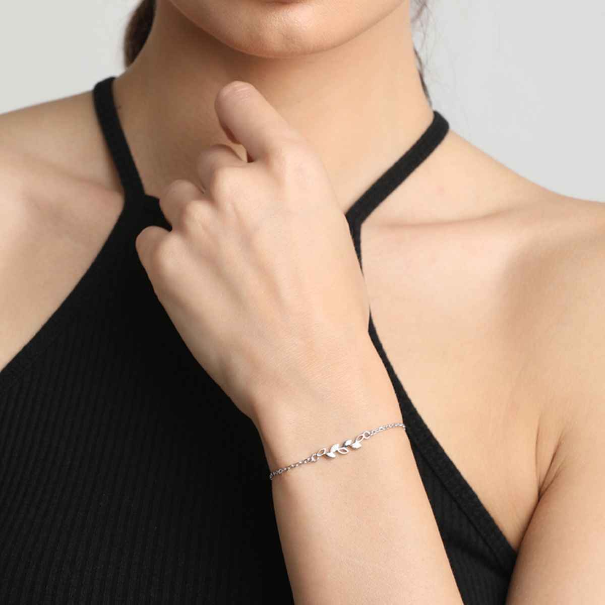 Clara 925 Sterling Silver Leaf Bracelet | Adjustable | Rhodium Plated | Swiss Zirconia