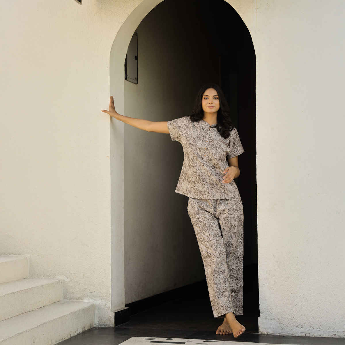 Sanskrutihomes Women's Printed Pure Cotton Night Suit | Grey - XL