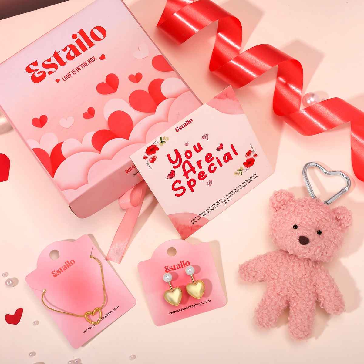 Estailo Fashion Heart Necklace, Earrings & Teddy Gift Combo | Women's Day