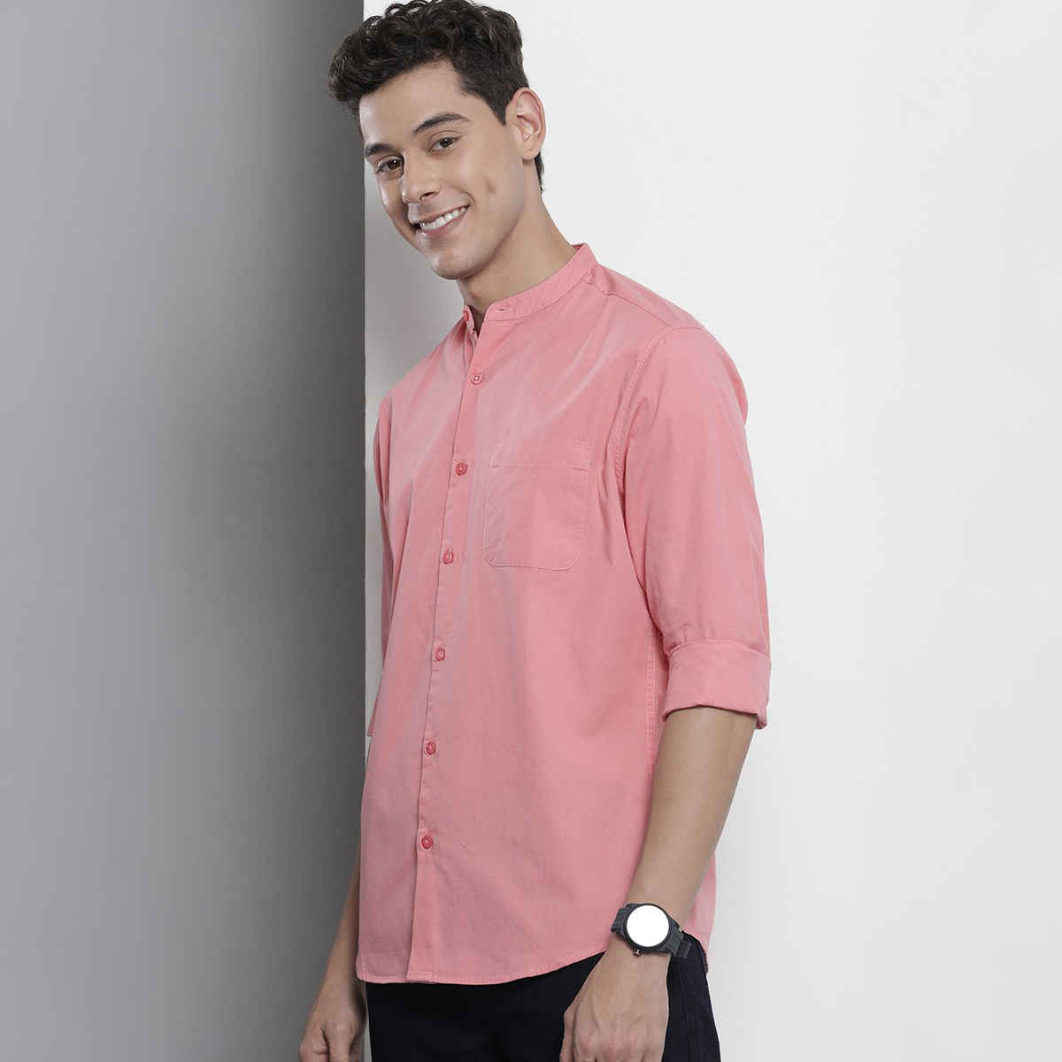 The Indian Garage Co Men's Regular Fit Solid Casual Shirt | Pink - L