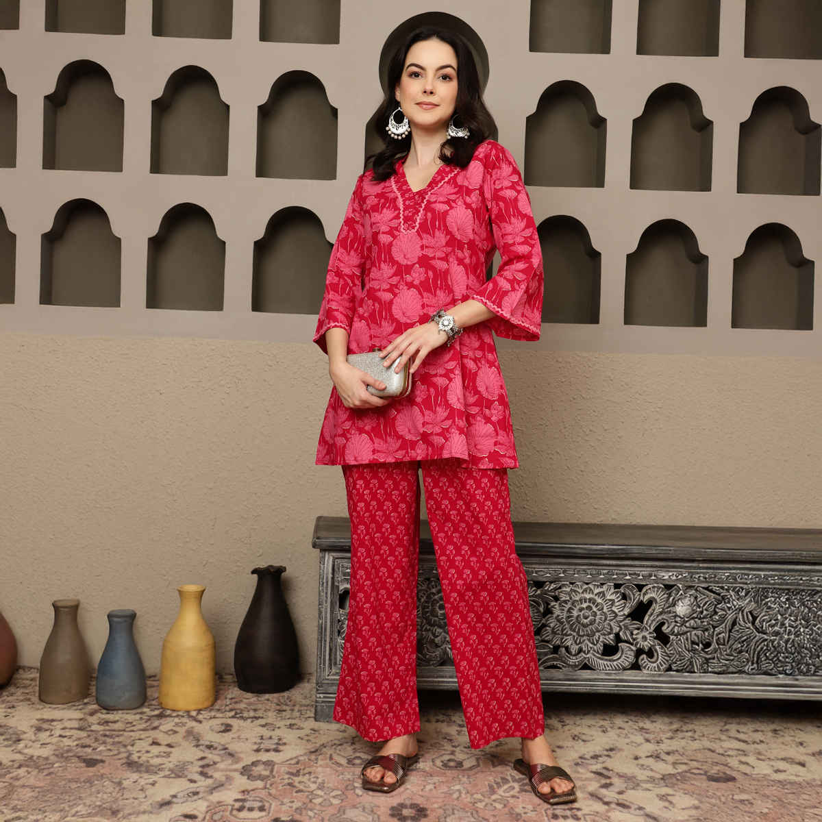 Bandia Women's Floral Printed Lace Embellished Co-Ords Set | Red - XL