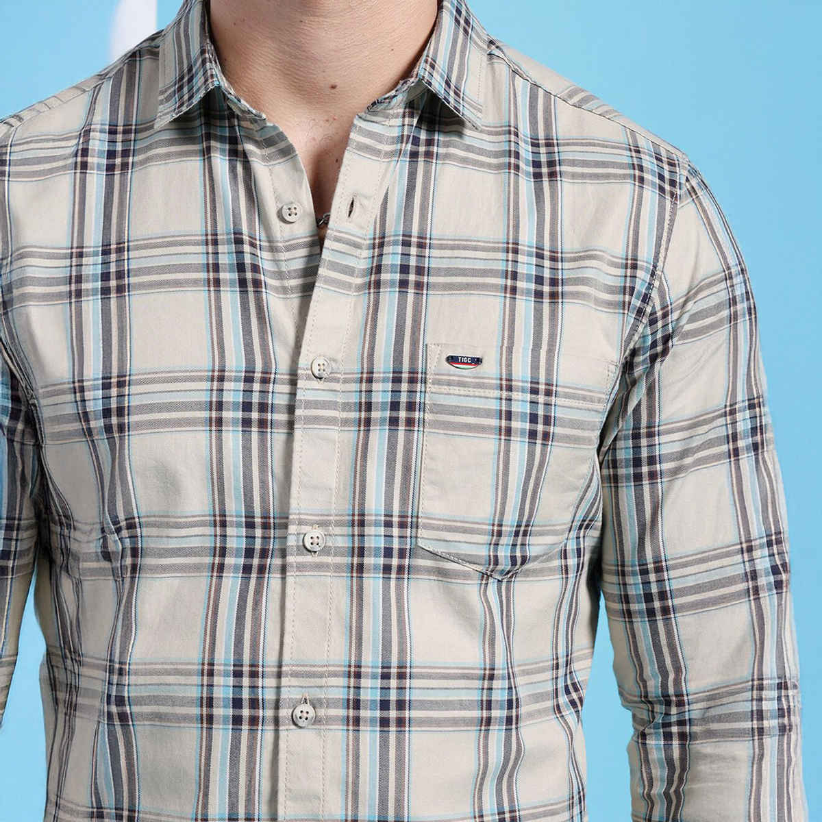 The Indian Garage Co Men's Slim Fit Checkered Casual Shirt | Khaki - XL