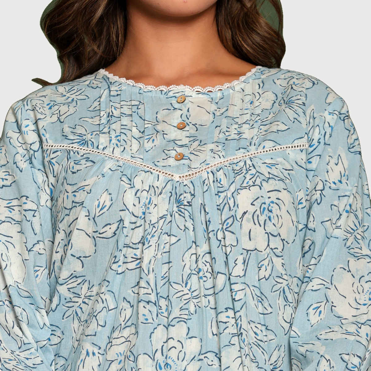 Nihsamah Women's Cotton Premium Printed Frock Nighty | Full Length | Sky Blue - XL