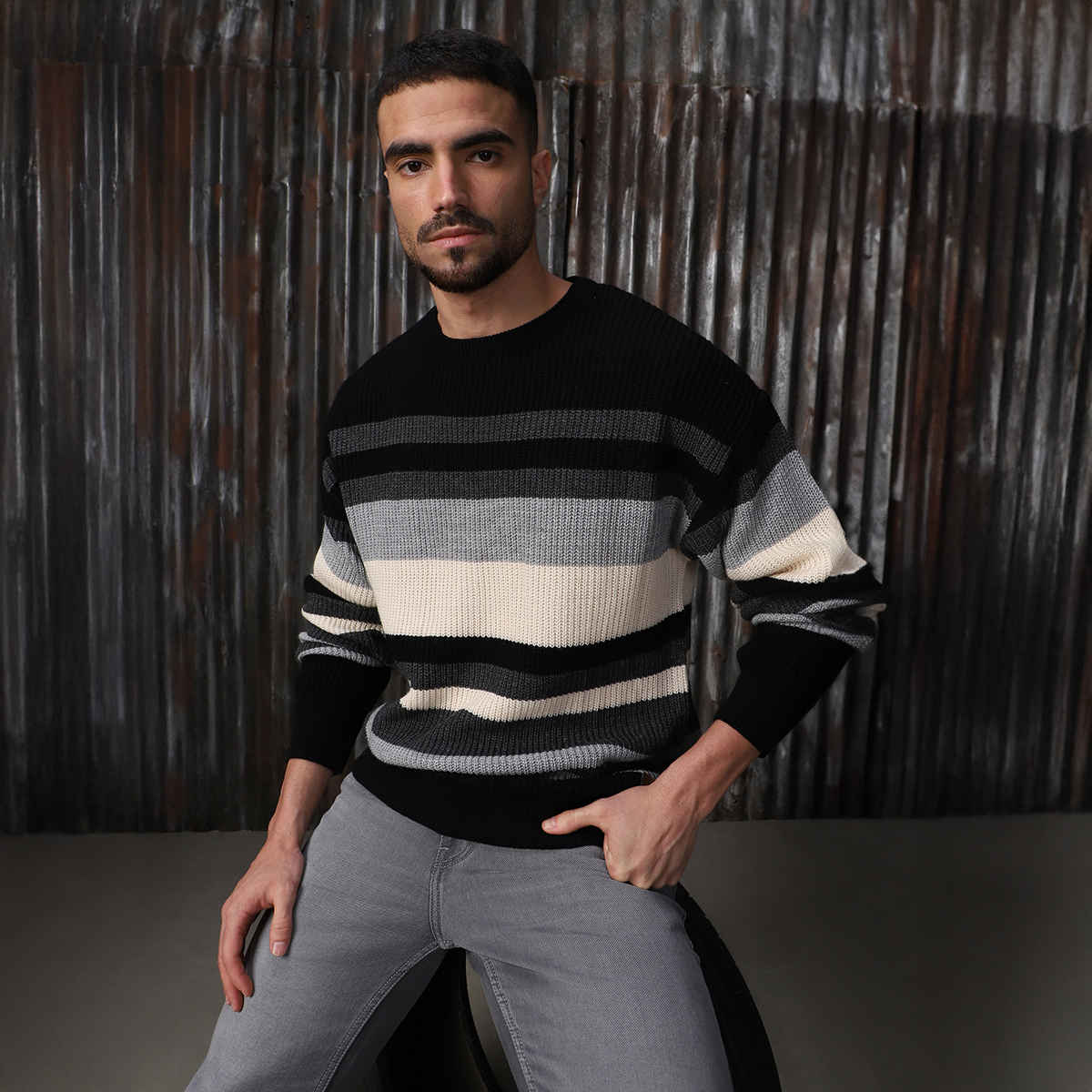 High Star Men's Striped Round Neck Pullover | Multicolour - S
