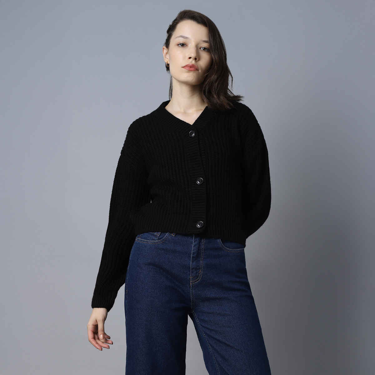 High Star Women's Ribbed Acrylic Cardigan | Black - L