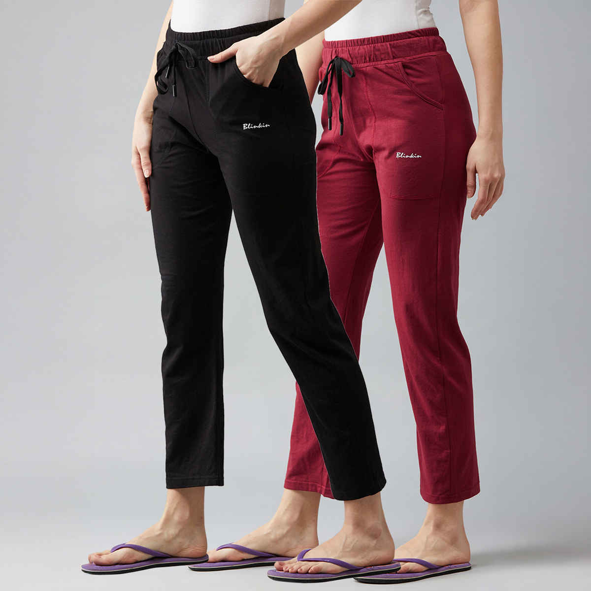 Blinkin Women's Cotton Track Pants With Side Pockets | Black Maroon - Xl
