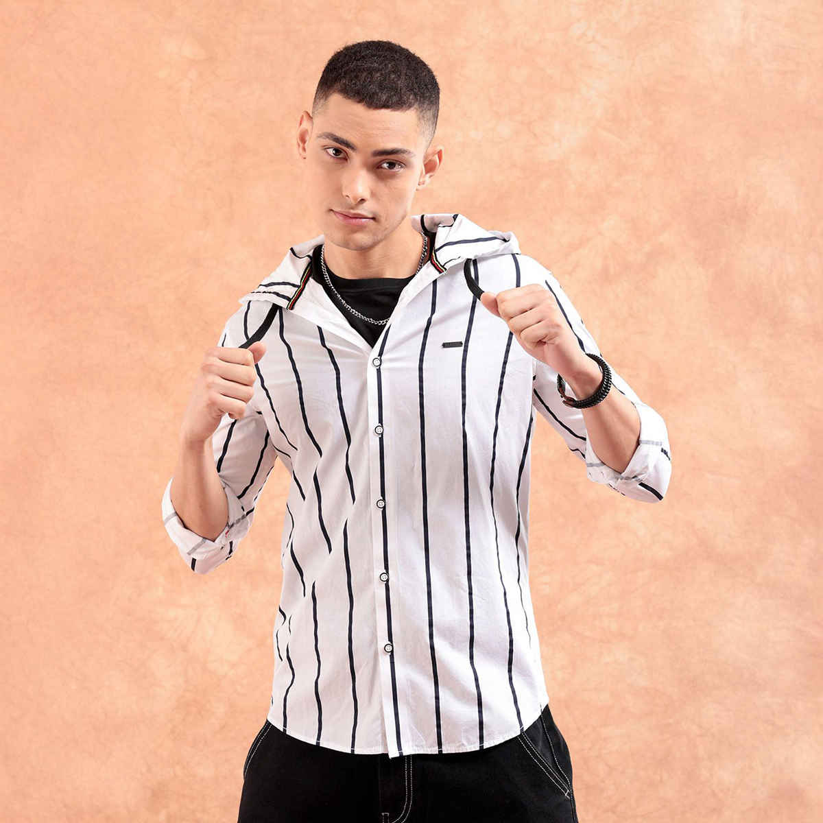The Indian Garage Co Men's Slim Fit Vertical Striped Casual Shirt | White - 2XL