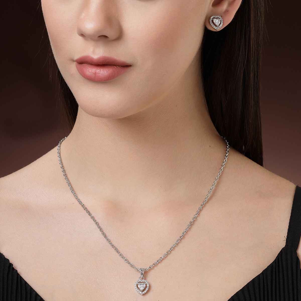 Zeneme Rhodium-Plated American Diamond Studded Necklace and Earrings For For Women & Girls