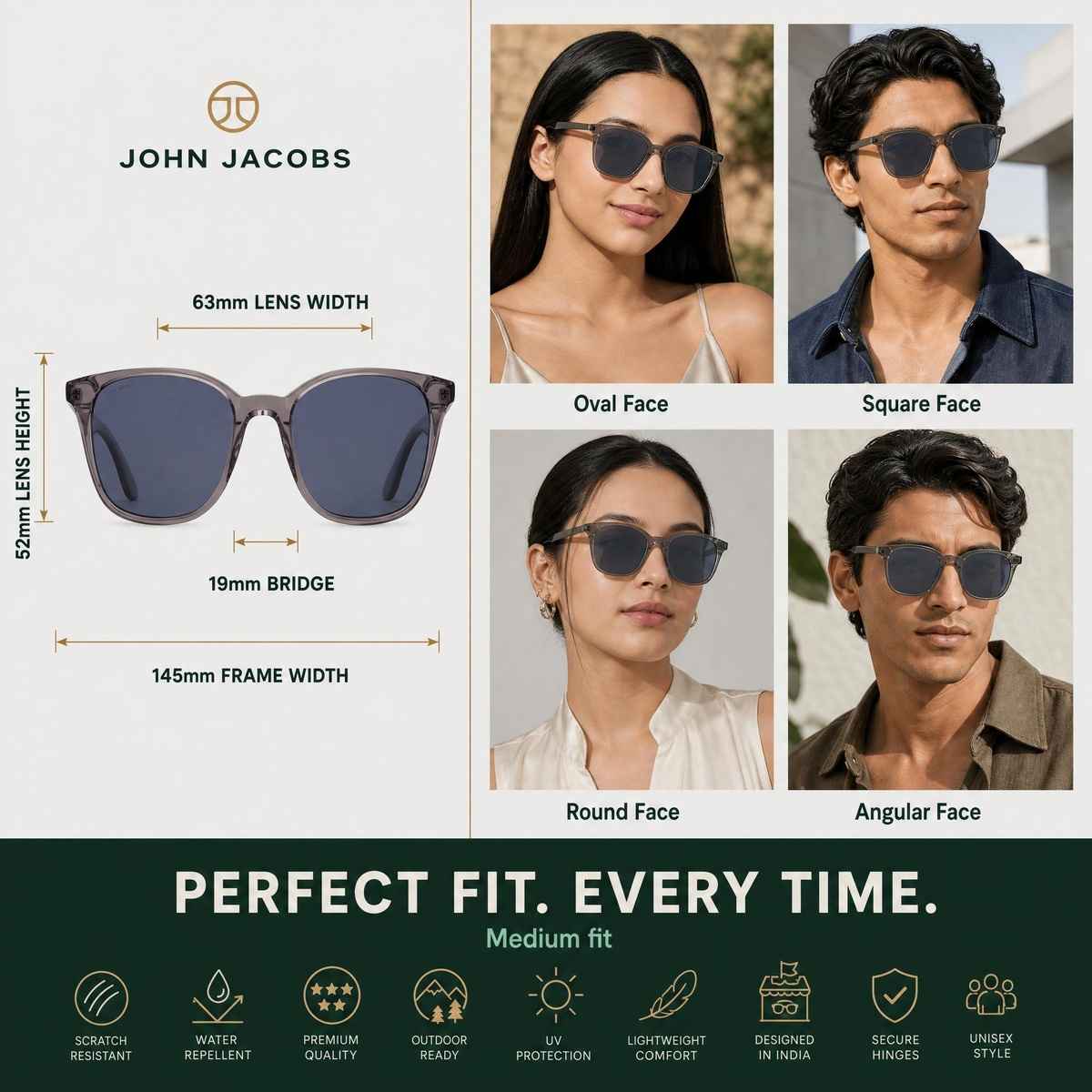 John Jacobs By Lenskart | Premium Polarized Sunglasses | Unisex | Square | Medium-139mm | Grey-Blue