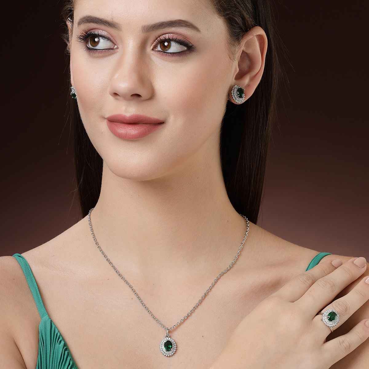 Zeneme Rhodium-Plated Green AD-CZ Oval Halo Necklace Earrings Ring For Women & Girls