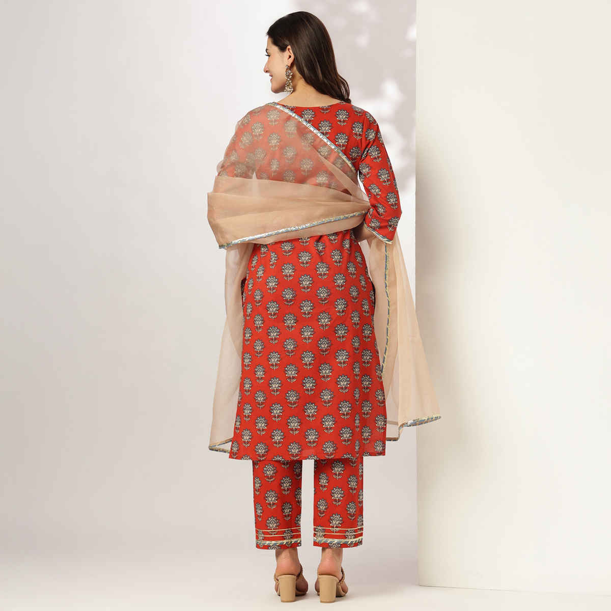 Janasya Women's Pure Cotton Floral Printed Yoke Embroidered Straight Kurta Set | Red - L