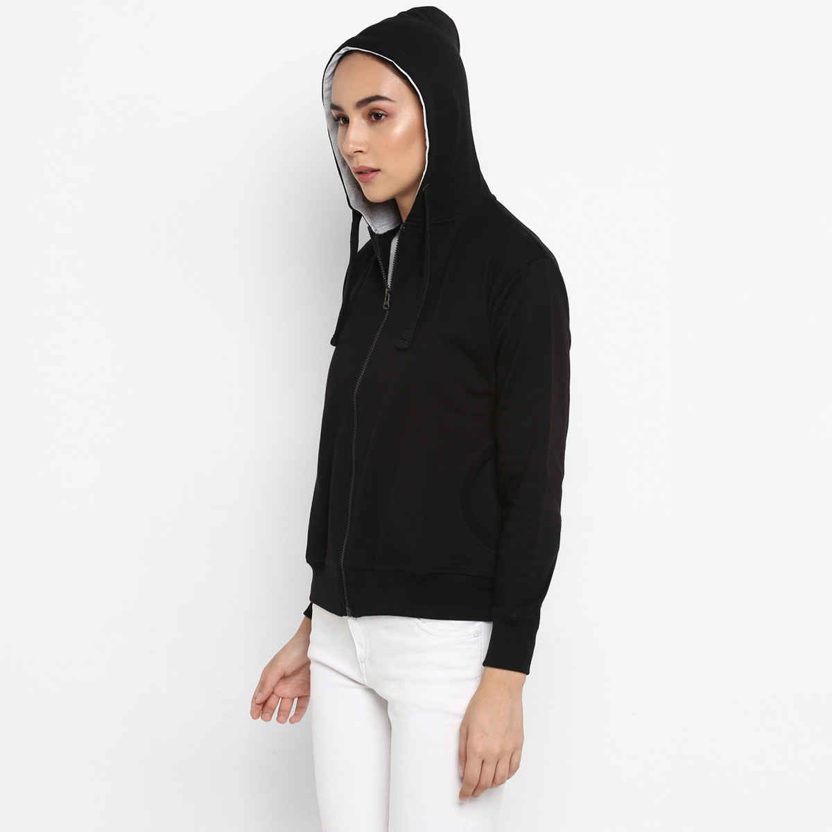 Alan Jones Clothing Women's Solid Zipper Hooded Sweatshirt | Black - L