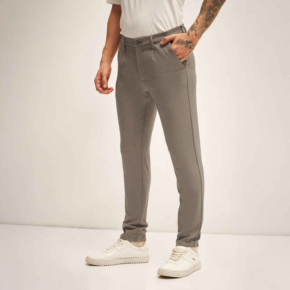 The Bear House Men 4 Way Stretch Solid Formal Trouser - Ferna | Beige | 36