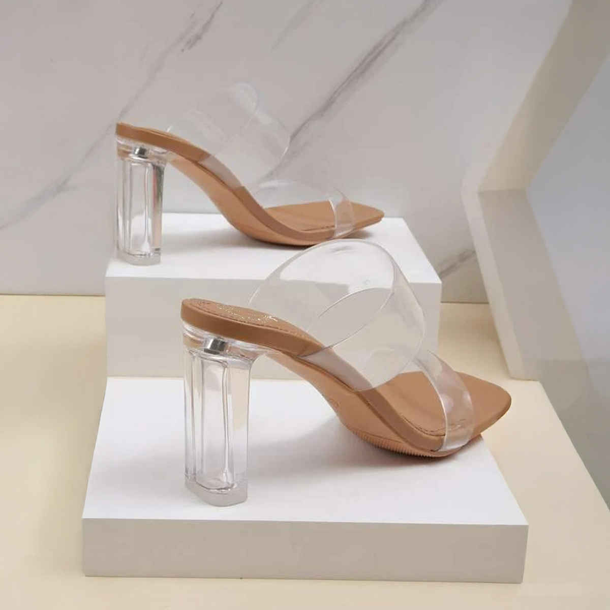 Shoetopia Stylish Trasparent Detailed Beige Block Heels For Women | UK 3