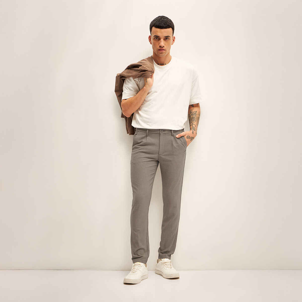 The Bear House Men 4 Way Stretch Solid Formal Trouser - Ferna | Beige | 36