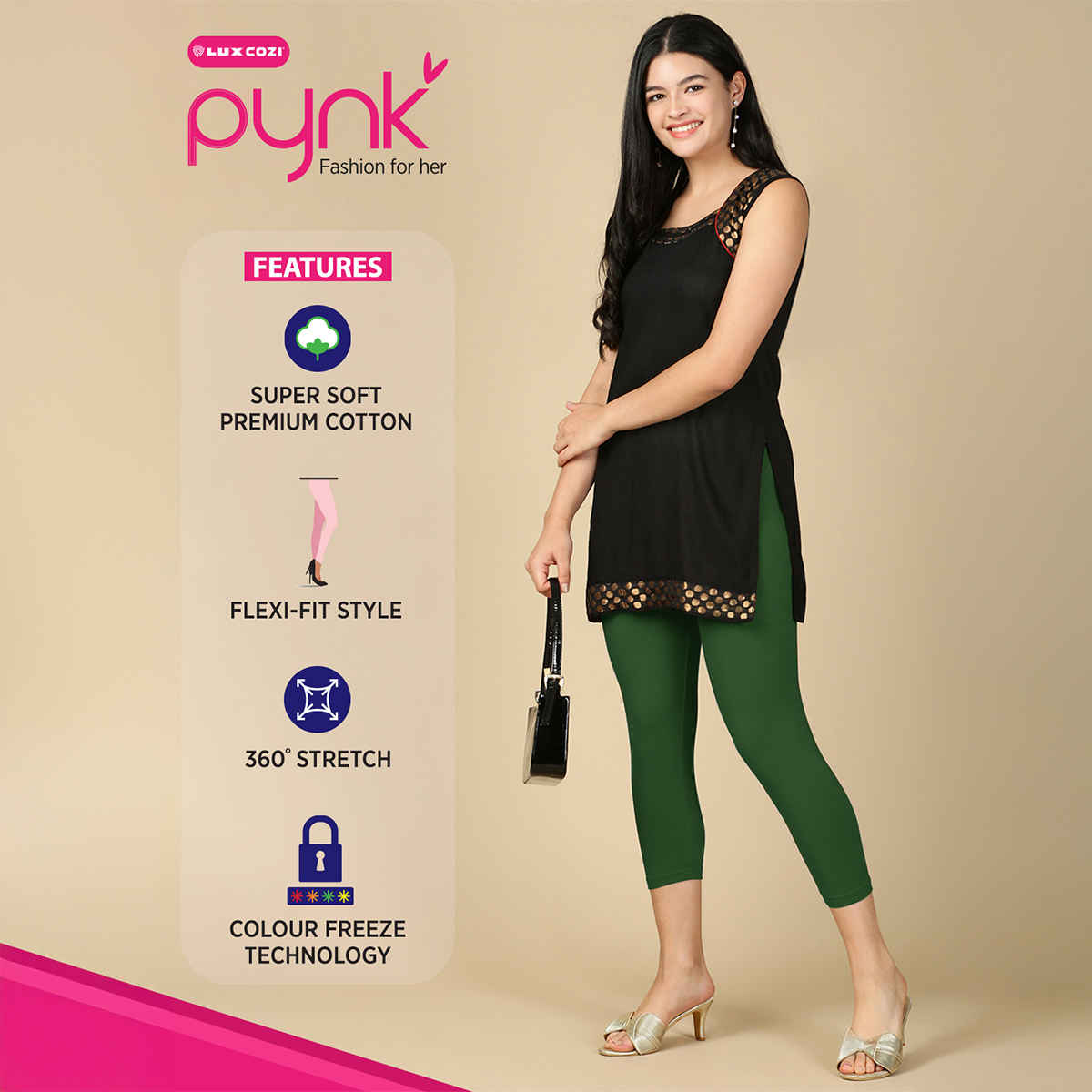 PYNK By Lux Cozi Super Soft 360 Stretch Premium Cotton Capri | Bottle Green | Free Size