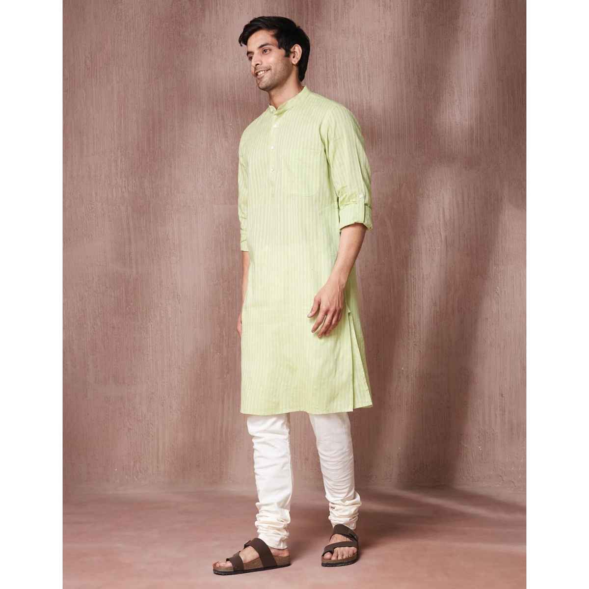 Fabindia Men's Long Kurta Slim Fit Dobby | Light Green - S