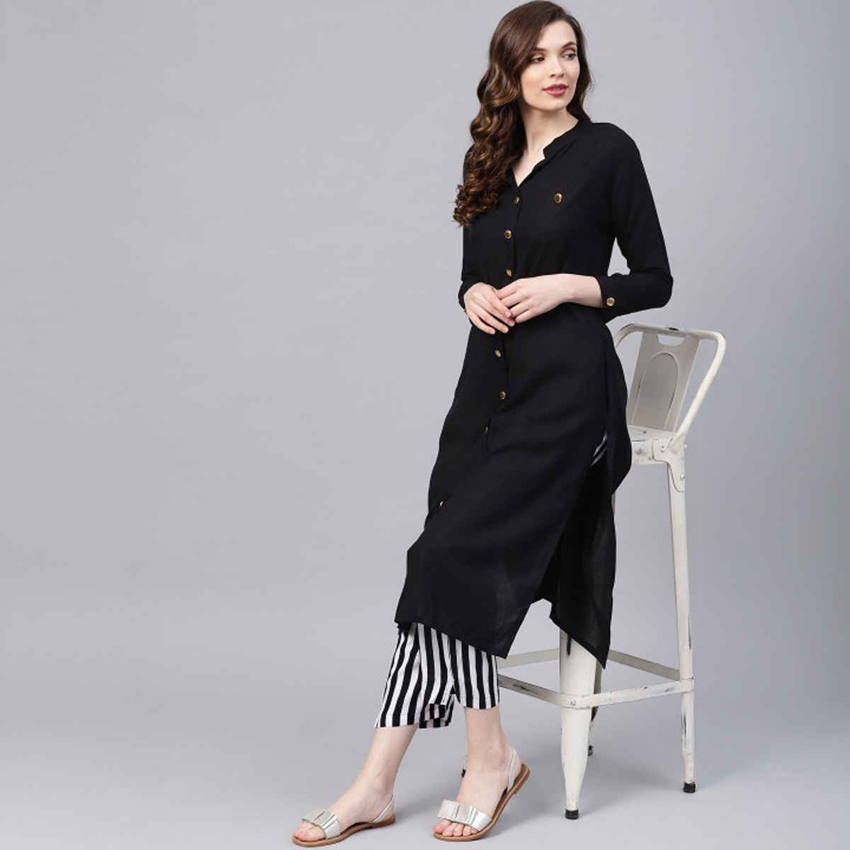 Ishin Women Solid Kurta with Trouser | KURPLPSF-493 | Black - M