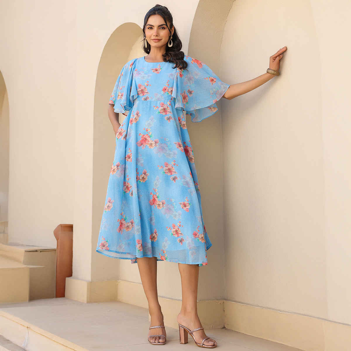 Janasya Women's Georgette Floral Printed A-line Dress | Blue - L