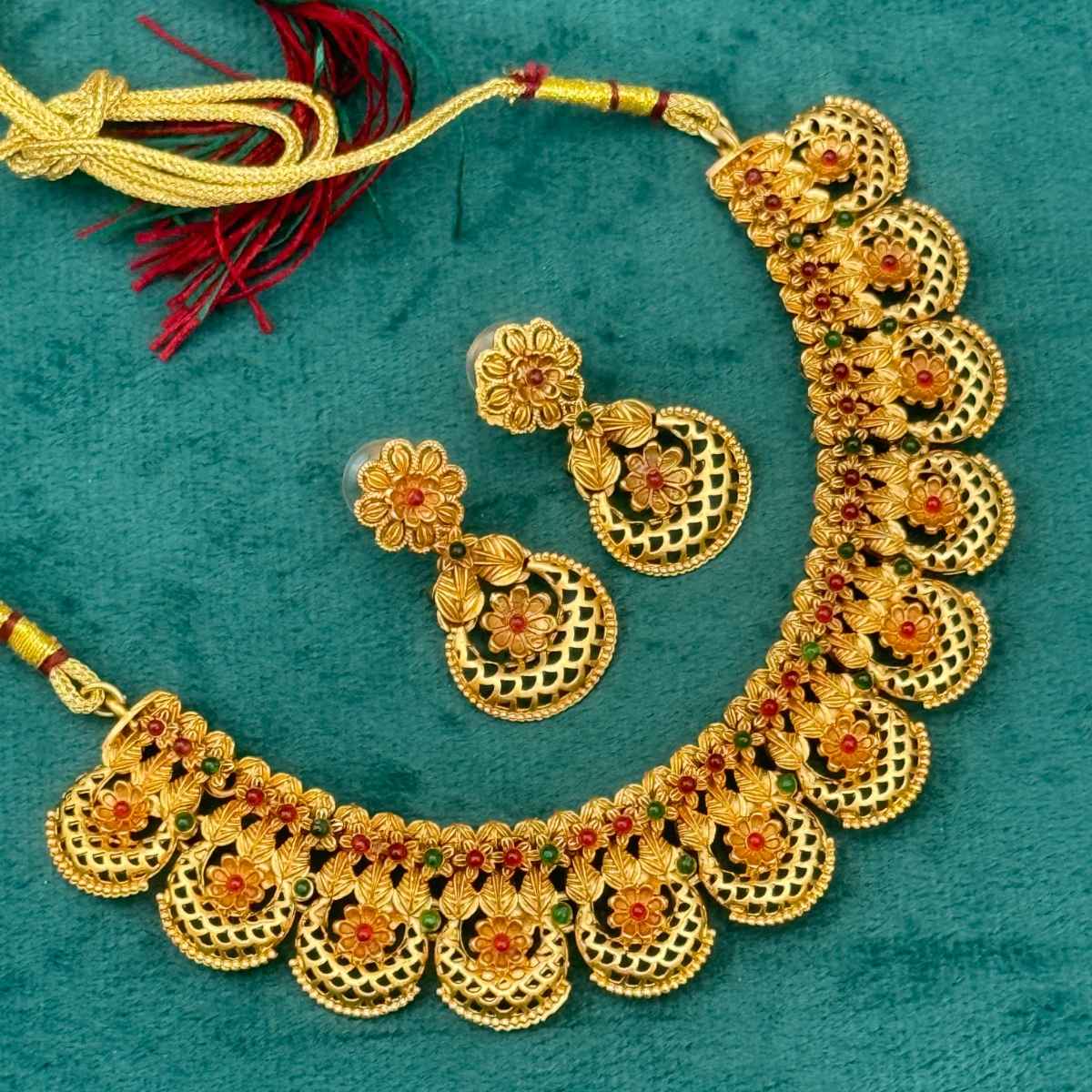 The Opal Factory Choker Necklace Set Flower, Leaf, Crescent Motifs with Stone Work and Earrings