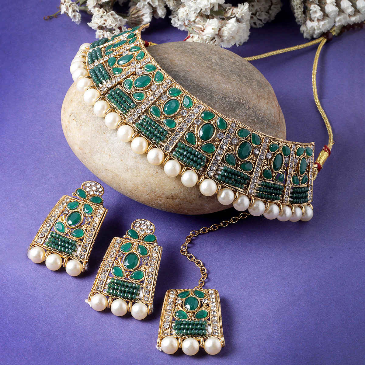 Sukkhi Striking Gold Plated Green Stone Studded Choker Necklace Set