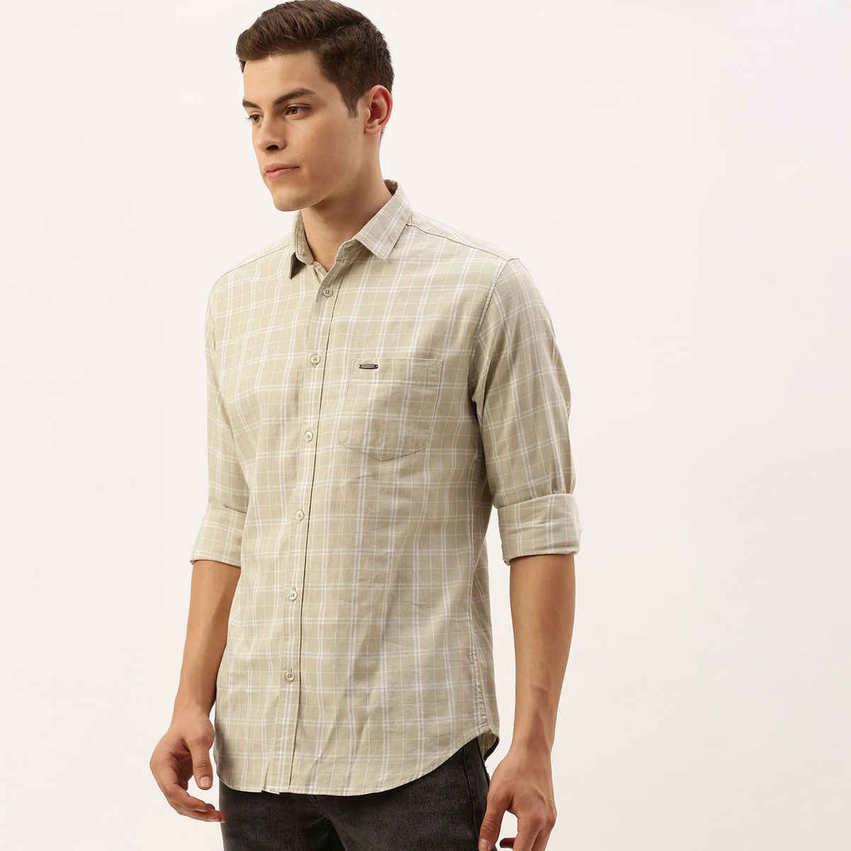 The Indian Garage Co Men's Slim Fit Checkered Casual Shirt | Beige - S
